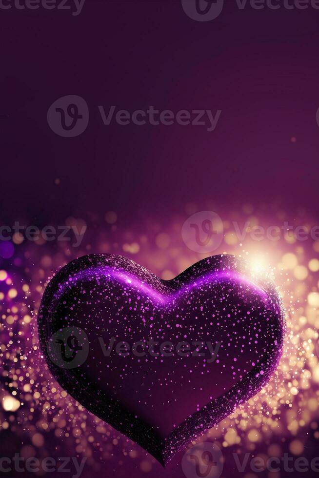 3D Render of Shiny Purple Glittery Heart Shape On Bokeh Lighting Background. Love Concept. photo