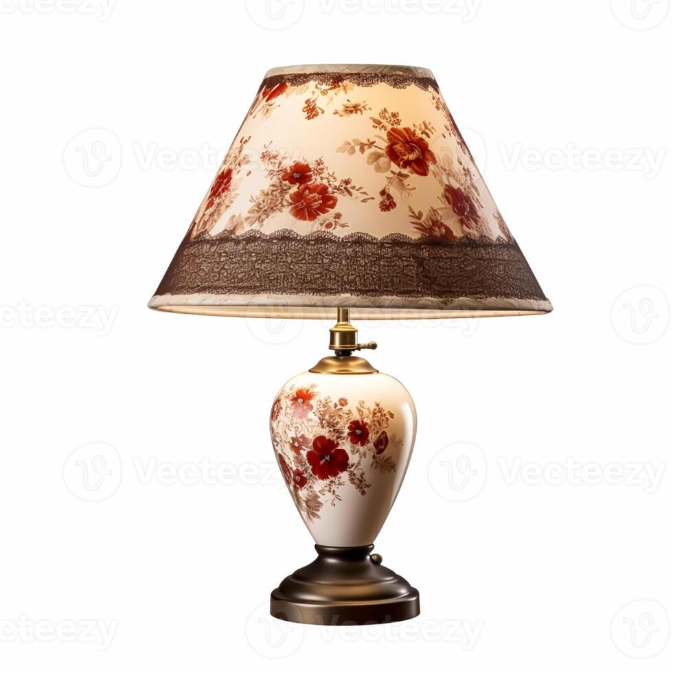 Vintage country style antique table lamp with a beautiful lampshade design isolated on white background, interior design and cottage home decor, post-processed, photo