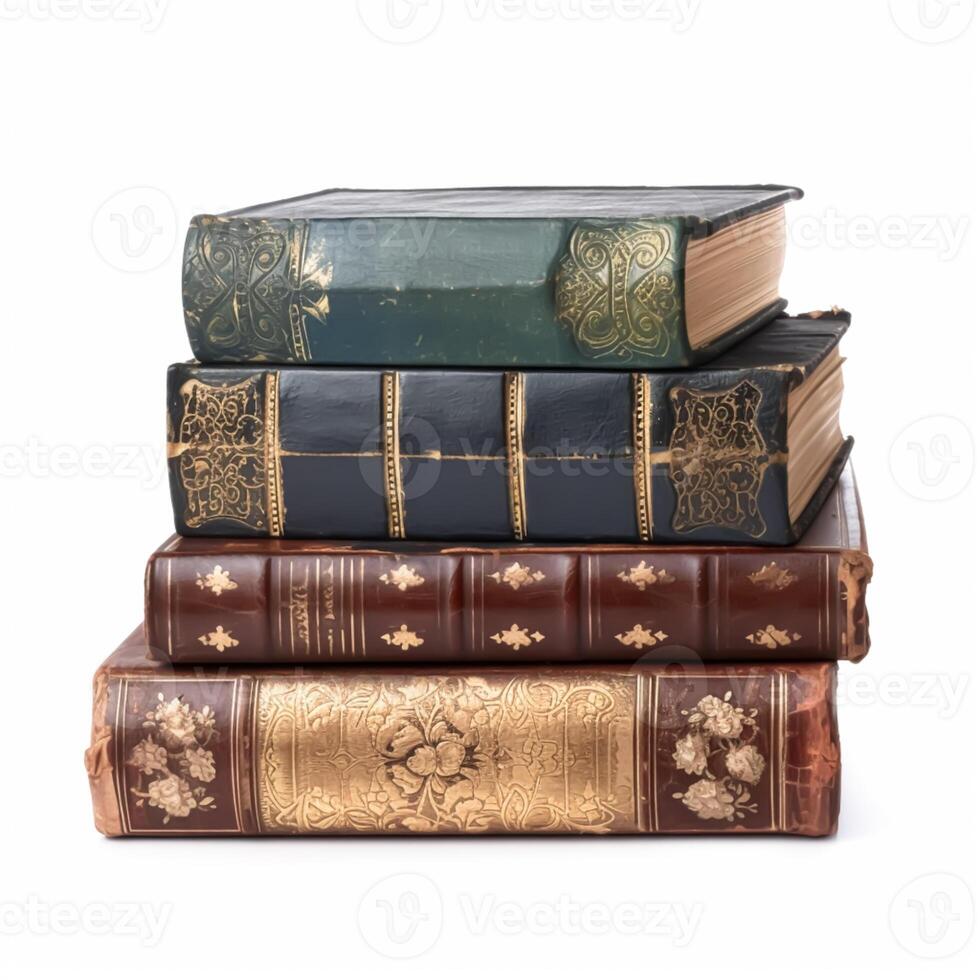 Stack of antique vintage old books isolated on white background, reading in old library and education, photo