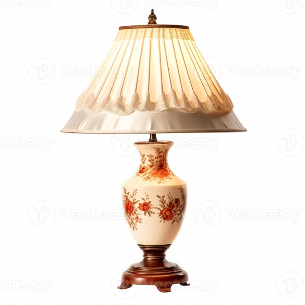 Vintage country style antique table lamp with a beautiful lampshade design isolated on white background, interior design and cottage home decor, post-processed, photo