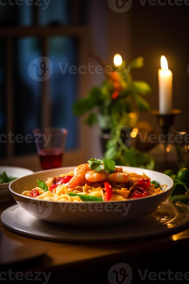 pasta con camarones, y verduras, orgánico alimento, comida para almuerzo o cena, sabroso receta, generativo ai foto