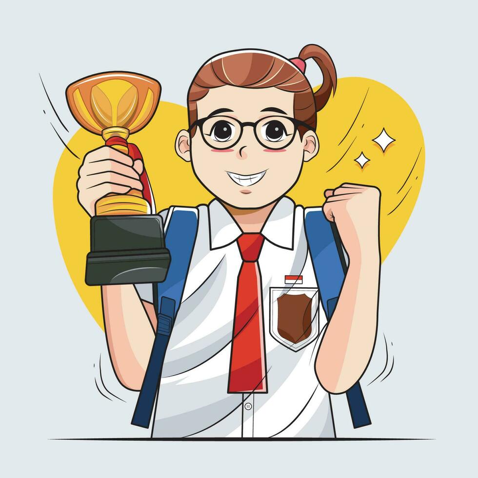 Kid girl in school uniform holding victory trophy in hand vector illustration free download