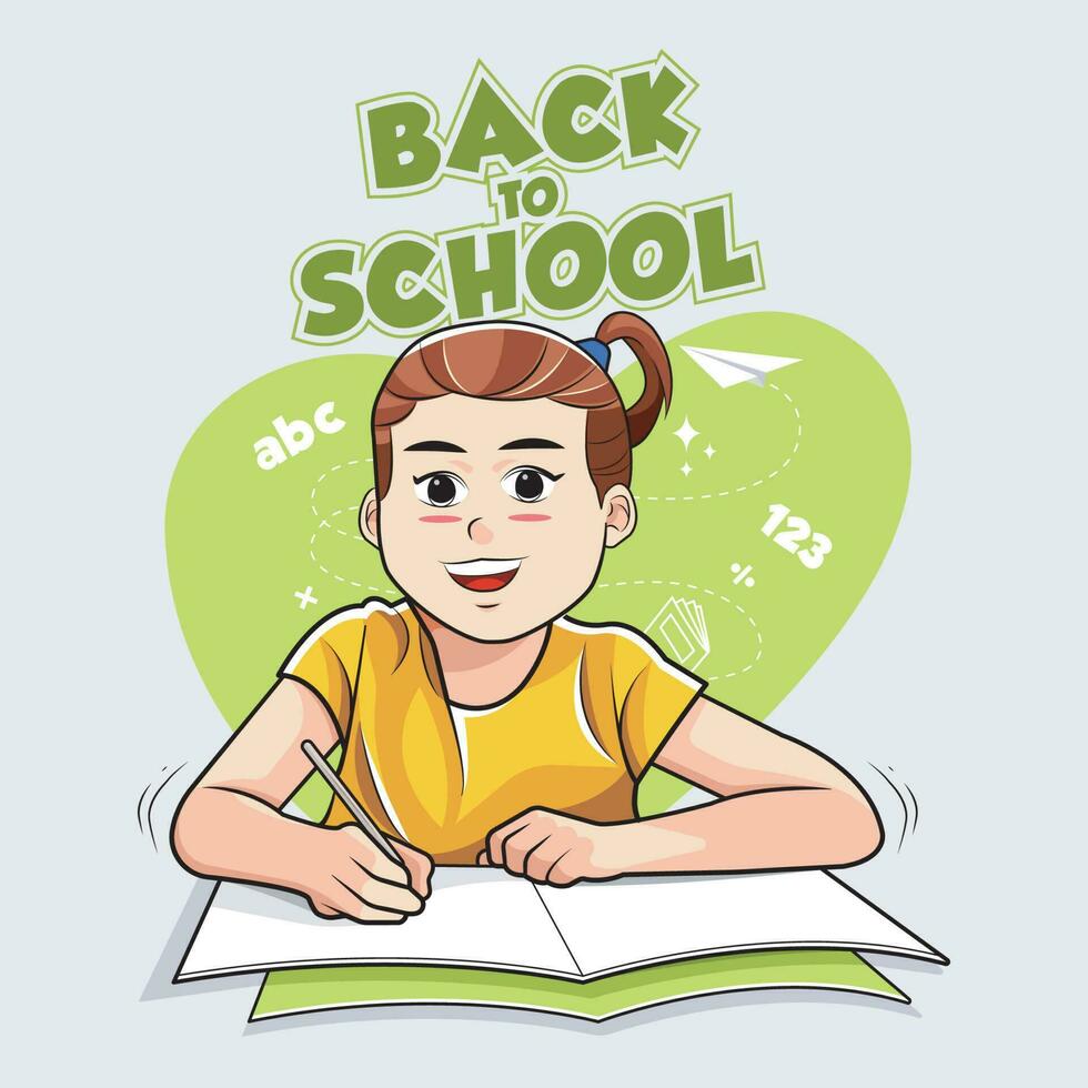 Back to school. Kid girl is writing vector illustration free download