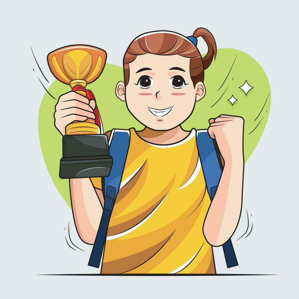 niño niña en participación victoria trofeo en mano vector ilustración Pro descargar