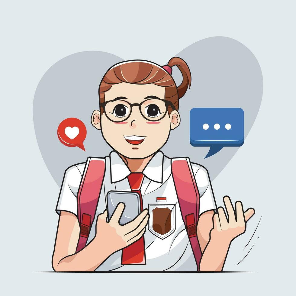 Back to School. Kid girl in School Uniform is browsing on her cell phone vector illustration free download