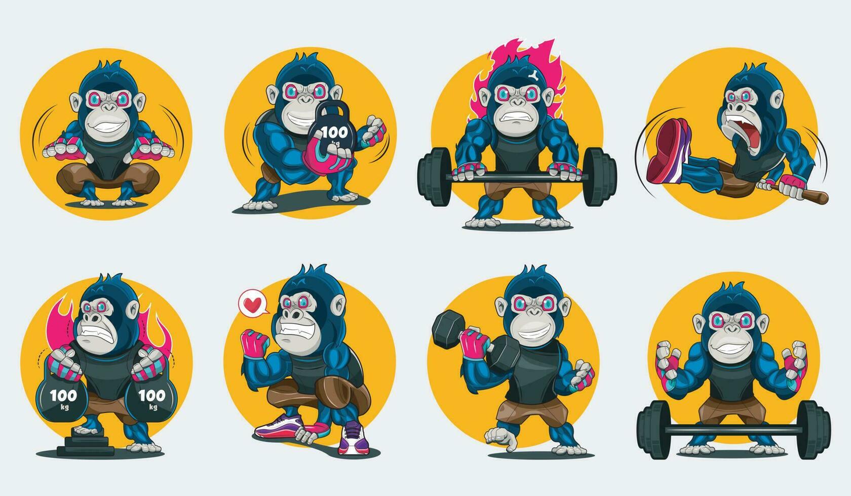 Gorilla bodybuilder. Set of bodybuilding and fitness gorilla character pro download vector