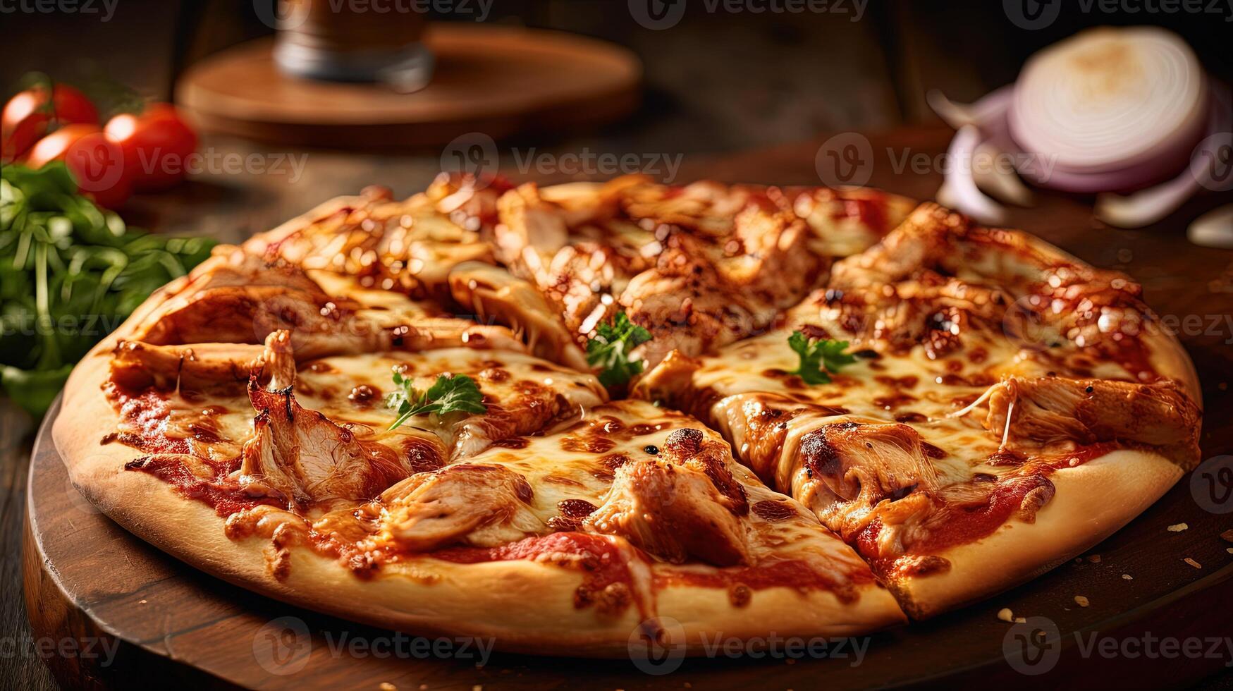 Whole BBQ Chicken Pizza on Wooden Cutter Board for Fast Food and Ready To Eat Concept. . photo