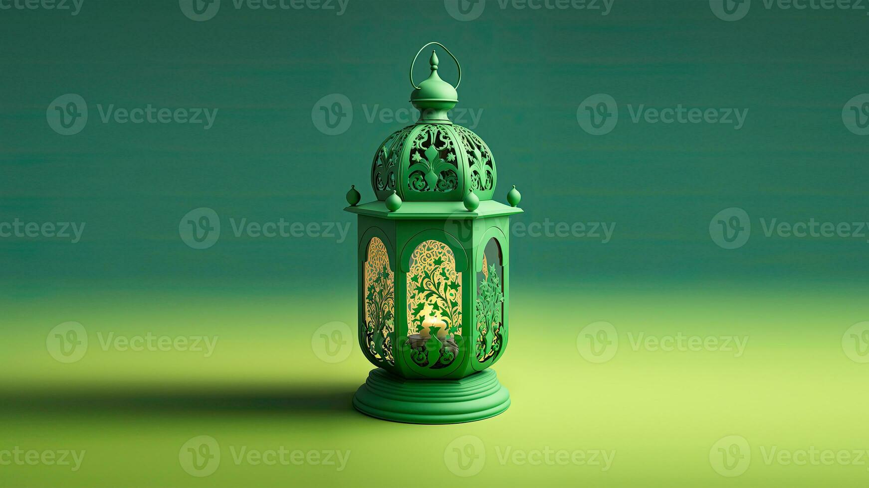 Realistic Arabic Lantern On Green Background. 3D Render. photo