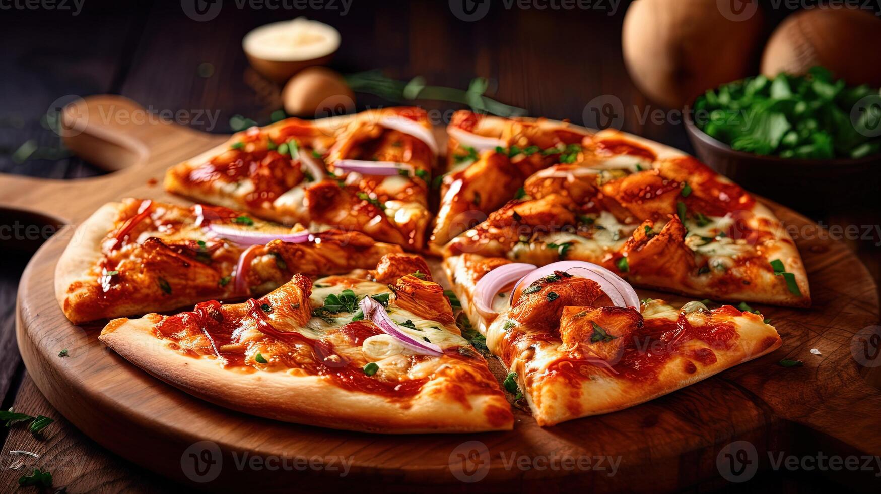 Delicious Slices of BBQ Chicken Pizza with Chopping Meat Toppings Served on Wooden Cutting Board for Ready to Eat Concept. Food Photography, . photo