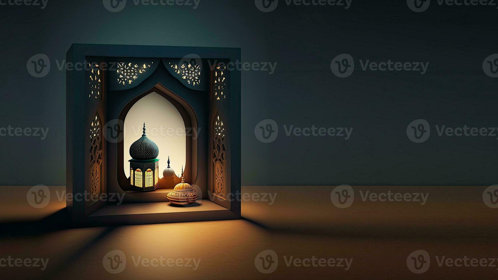 Arabic Lantern With Mosque Inside Islamic Window Copy Space.  Islamic Religious Concept. 3D Render. photo