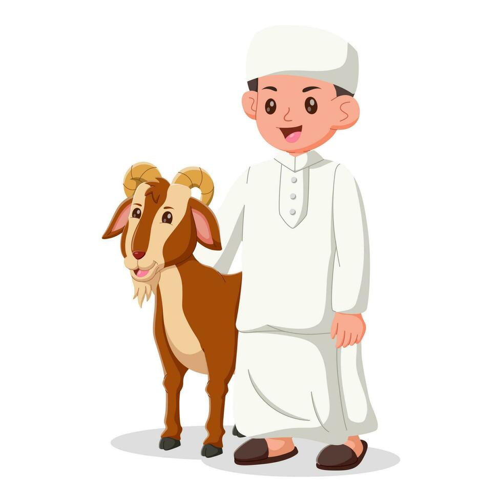 linda musulmán chico con cabra dibujos animados. mano dibujado eid al-adha chico y cabra ilustración, eid Alabama adha Mubarak personaje. vector ilustración