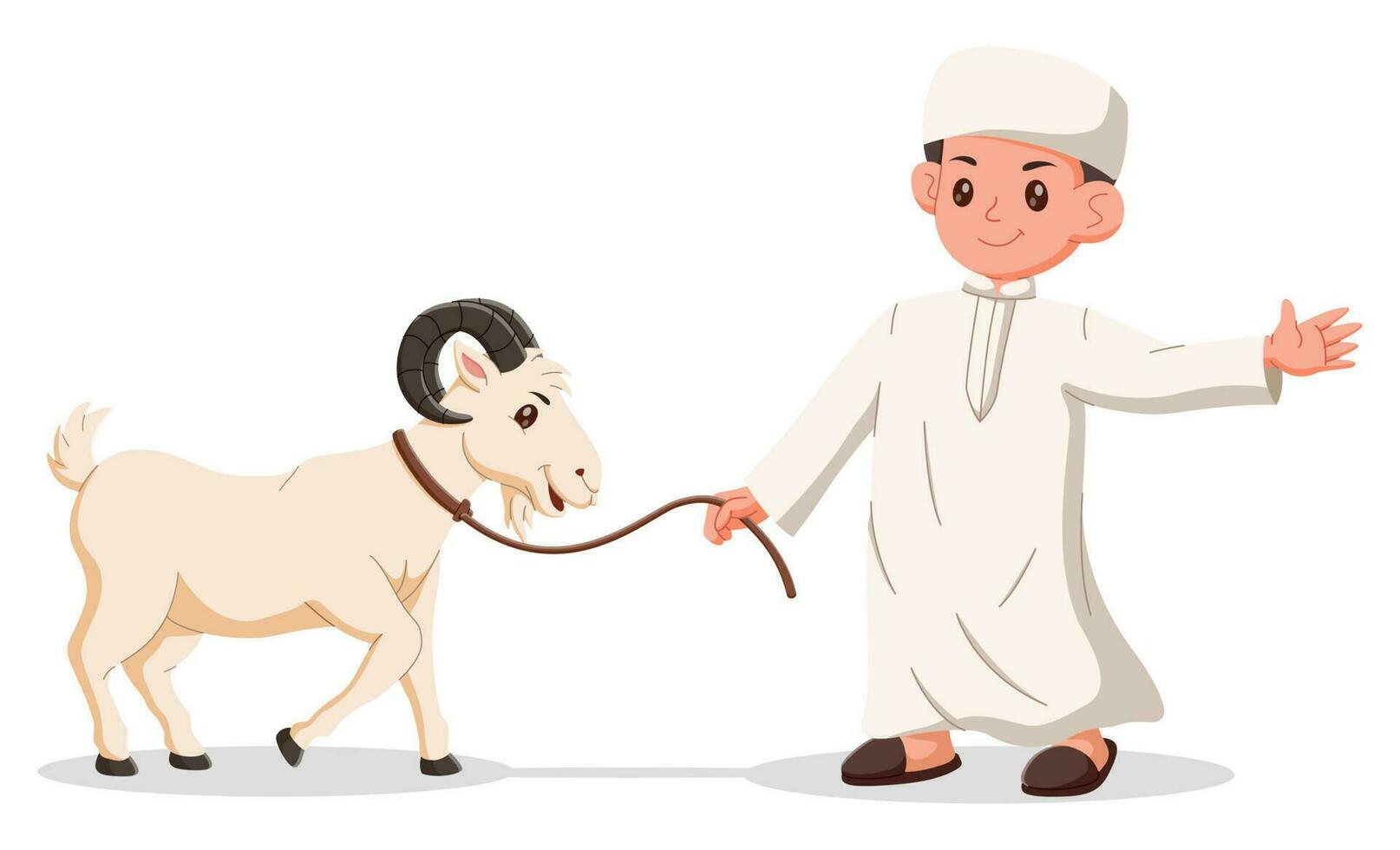 linda musulmán chico con cabra dibujos animados. mano dibujado eid al-adha chico y cabra ilustración, eid Alabama adha Mubarak personaje. vector ilustración