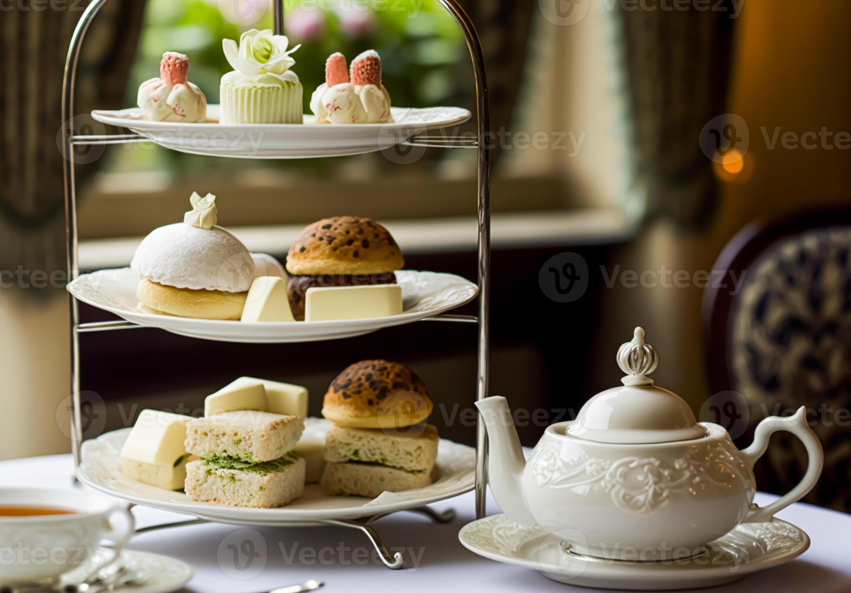 5 oclock tea with snacks and cakes, service in a luxury restaurant