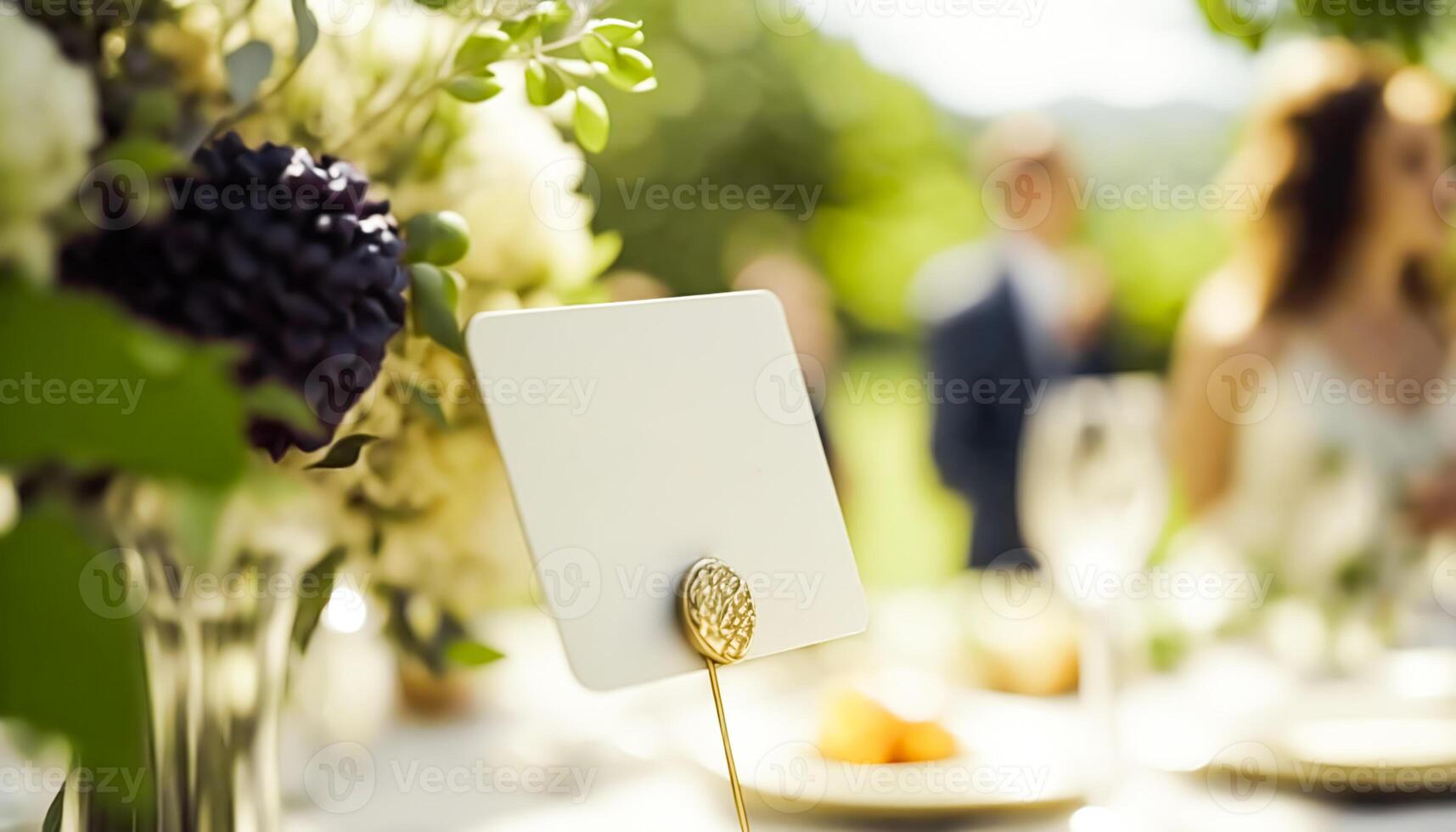 Card as part of wedding table decoration, outdoor venue. photo