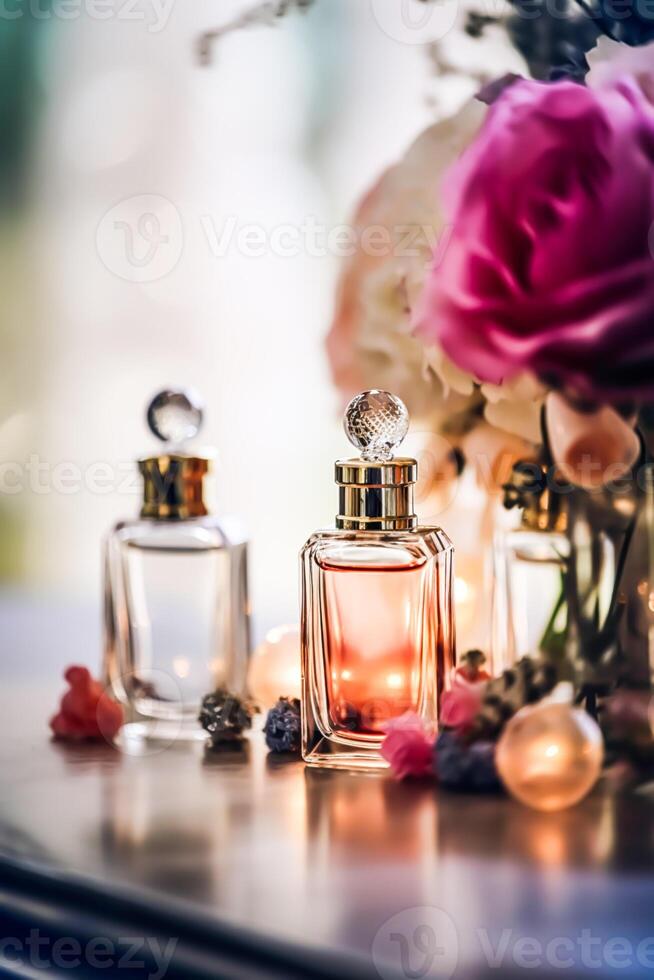 lujo perfume botellas en monitor a un presentación, mujer fragancia olor nuevo exclusivo recopilación, posprocesado, generativo ai foto