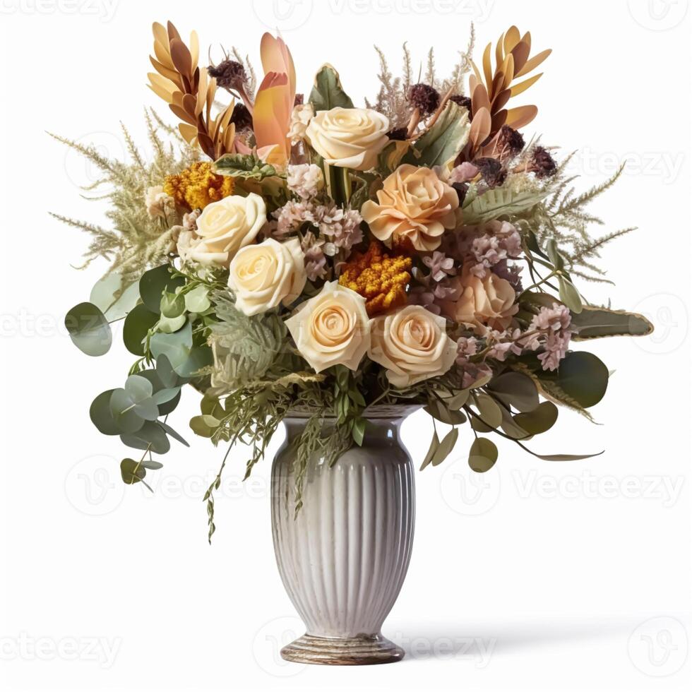 Beautiful bouquet of blooming flowers in a vintage vase isolated on white background, country style home decor and interior design, photo