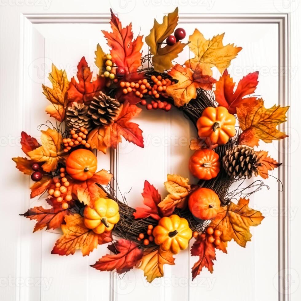 Autumn wreath as decoration on white door, welcoming autumn holiday season with autumnal decorations, photo