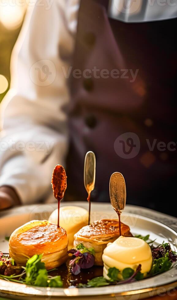 Luxury plate with appetisers served by a waiter at an exquisite event outdoors, fine dining, post-processed, photo