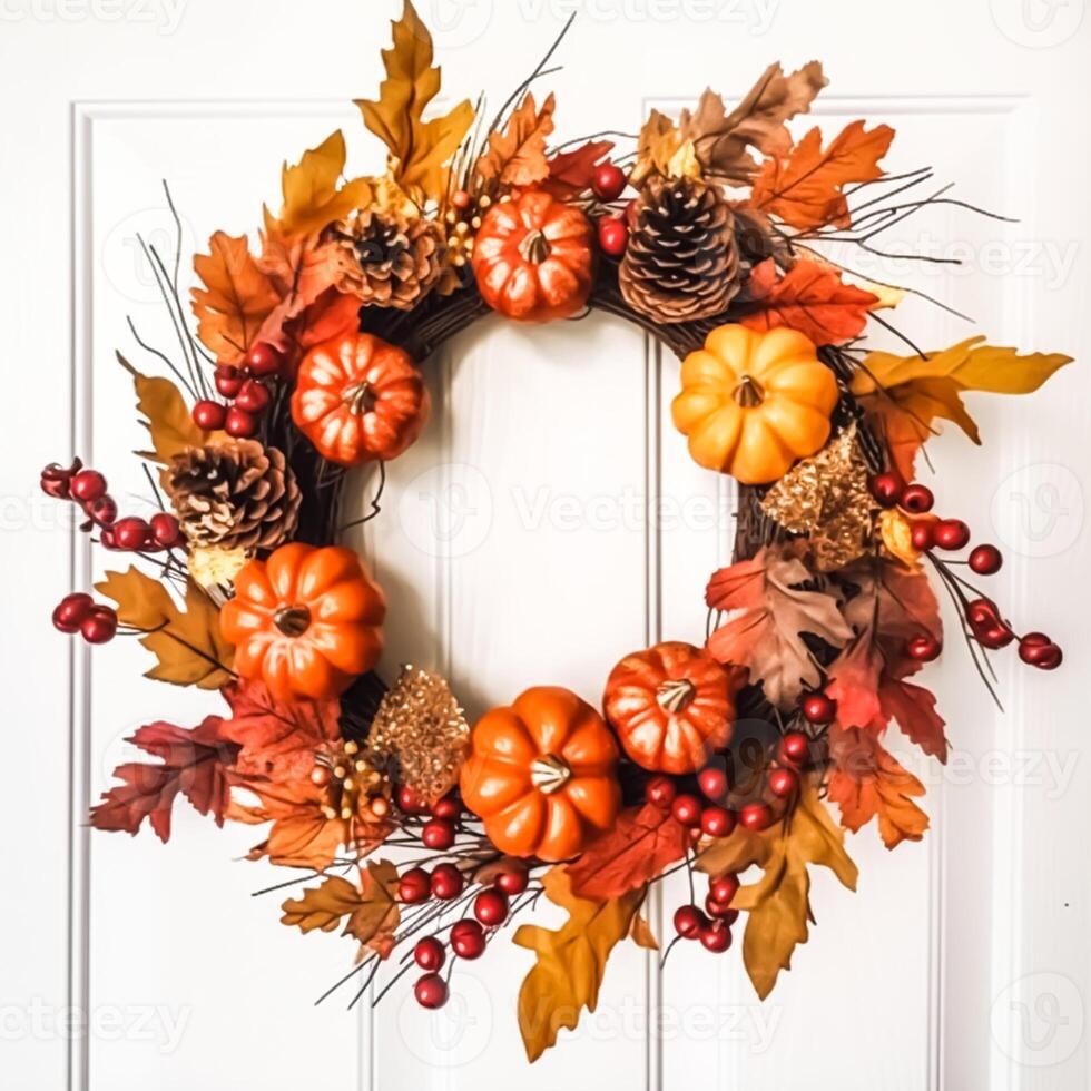 Autumn wreath as decoration on white door, welcoming autumn holiday season with autumnal decorations, photo