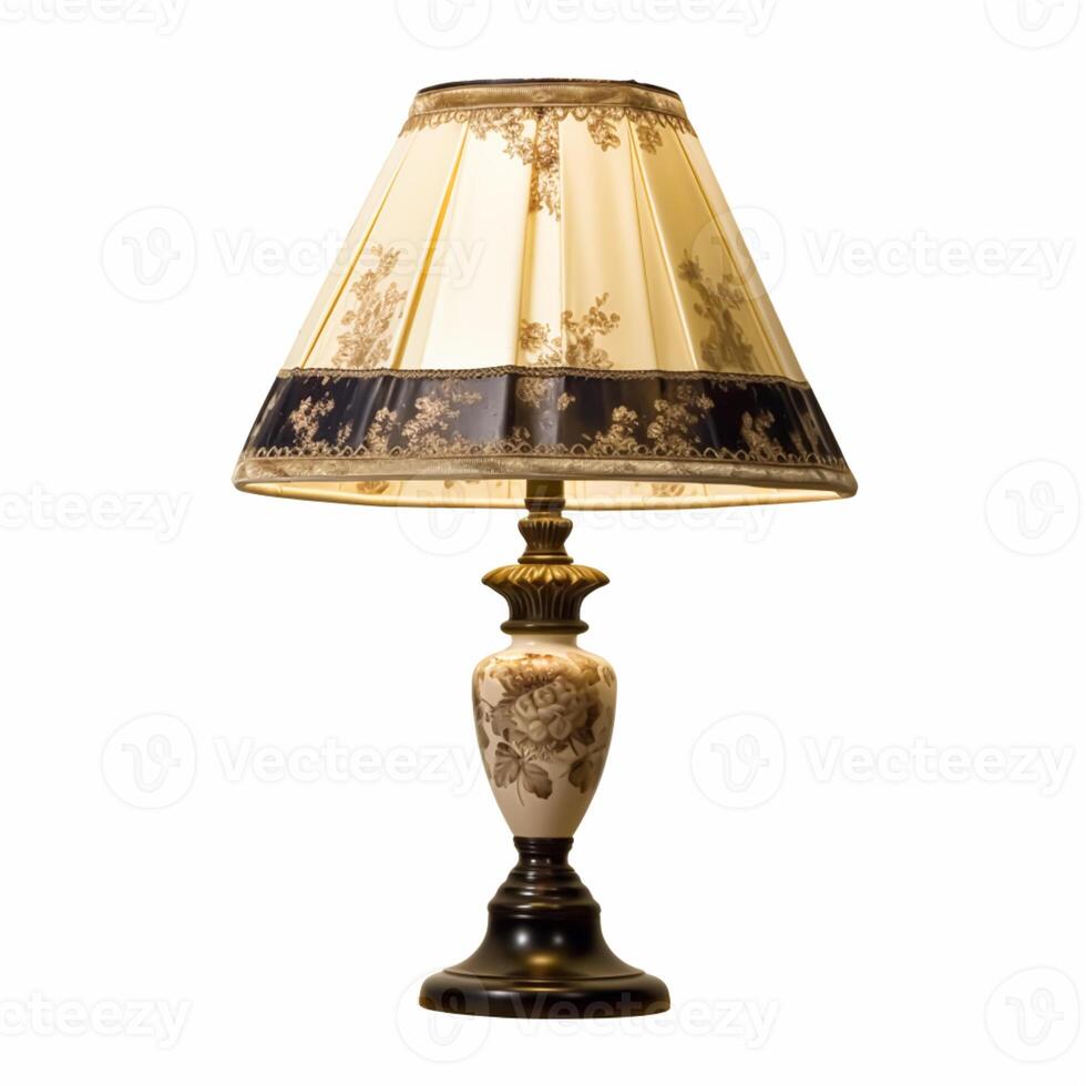 Vintage country style antique table lamp with a beautiful lampshade design isolated on white background, interior design and cottage home decor, post-processed, photo