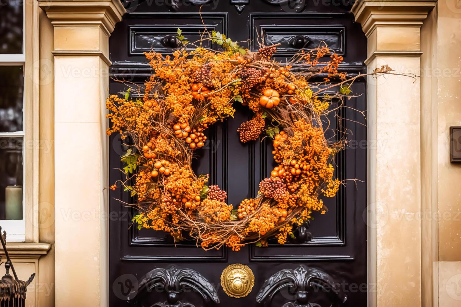 Autumn wreath decoration on a classic door entrance, welcoming autumn holiday season with autumnal decorations, photo