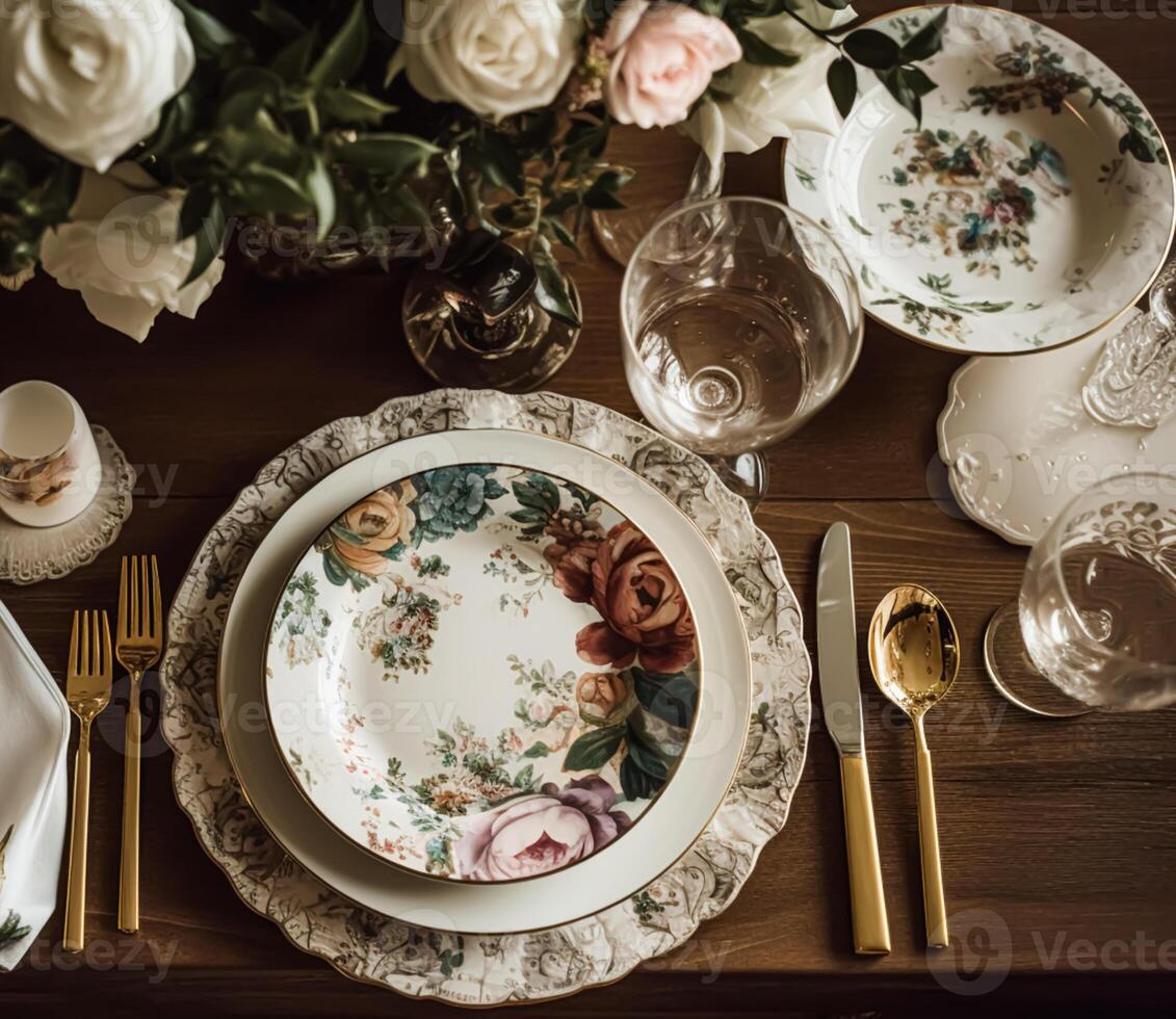 formal país estilo mesa ajuste con floral porcelana vajilla para Boda y especial cena evento, hogar decoración flatlay y interior diseño. generativo ai foto