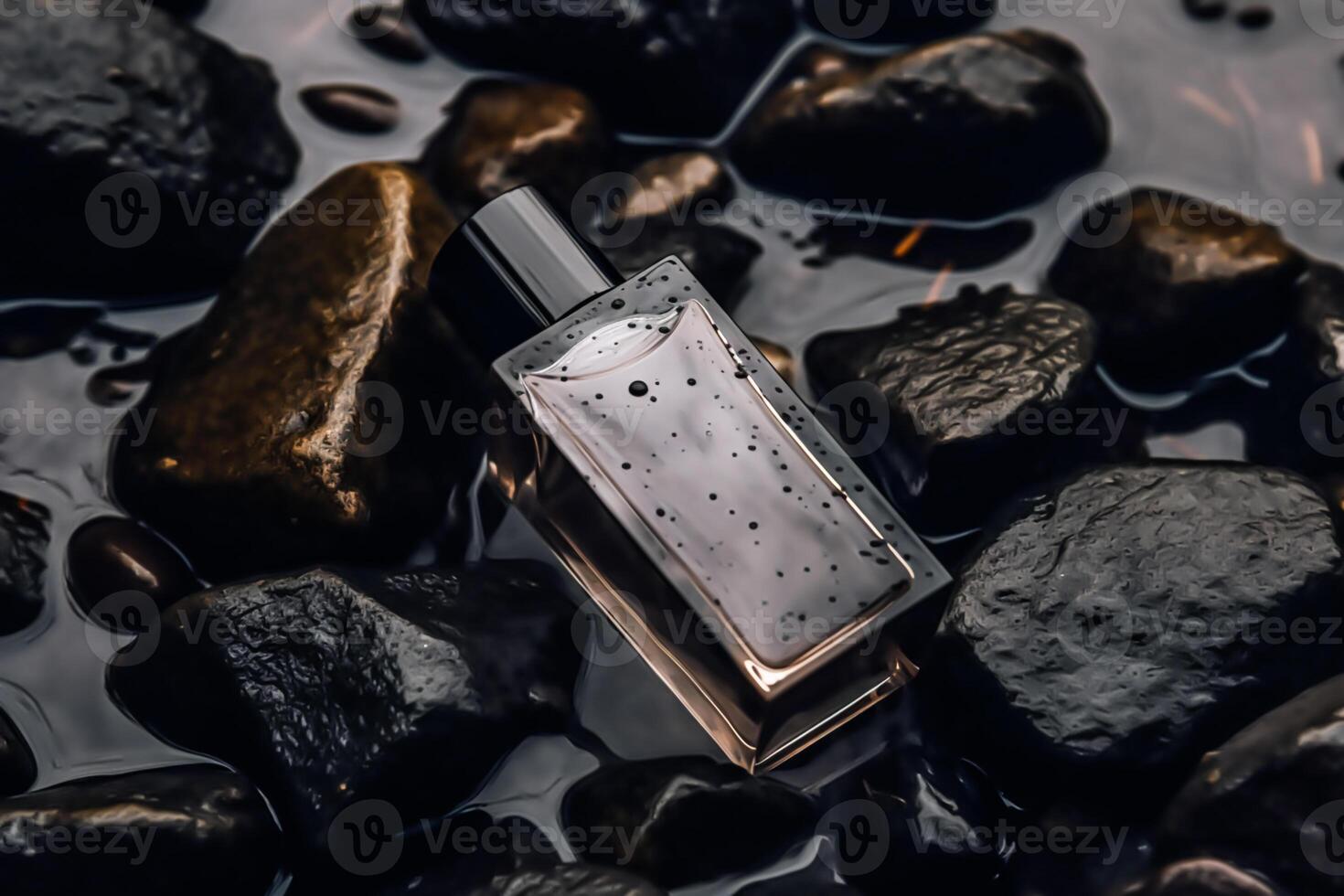 Modern glass men perfume bottle among black rocks in the rain, fragrance and perfumery, post-processed, photo