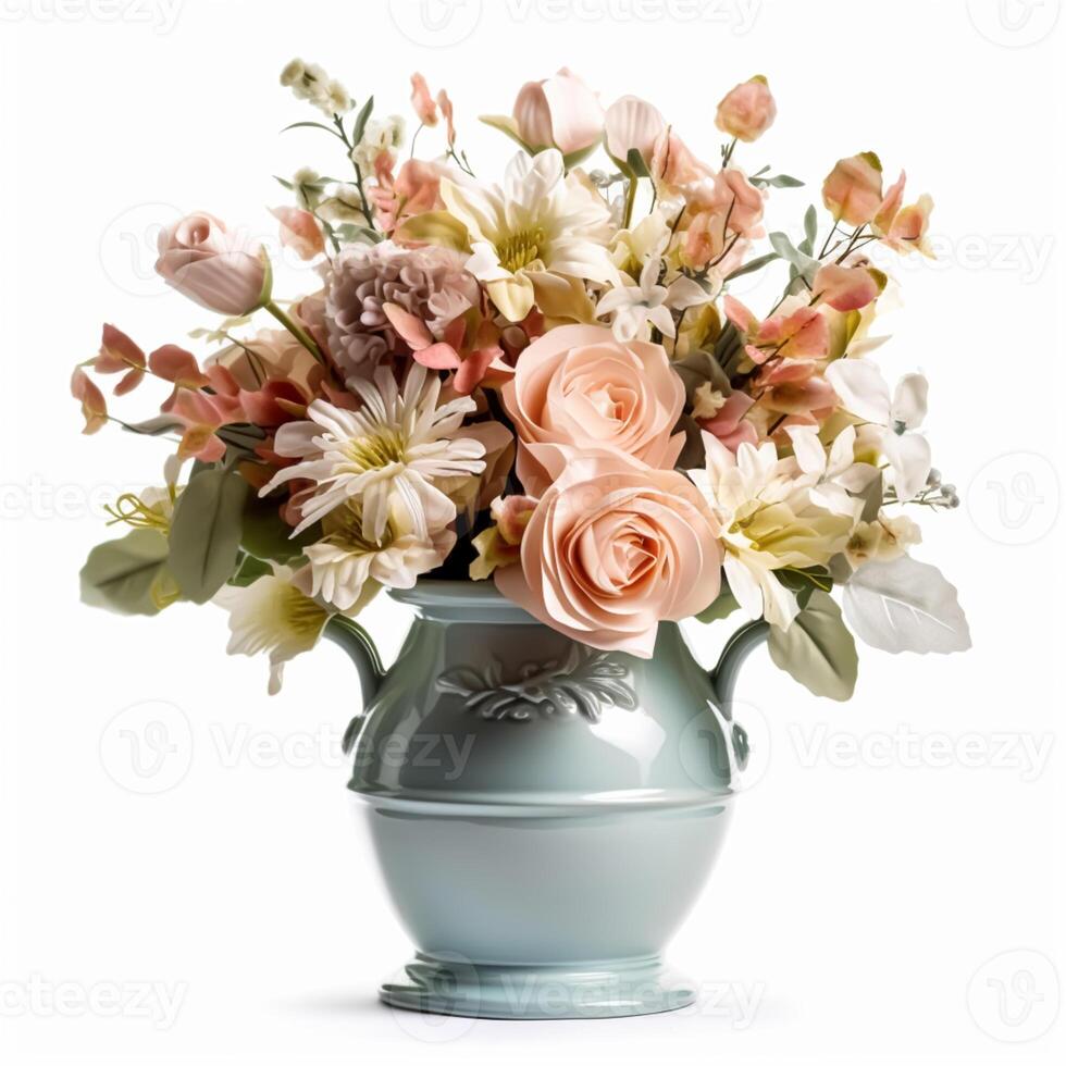 Beautiful bouquet of blooming flowers in a vintage vase isolated on white background, country style home decor and interior design, photo