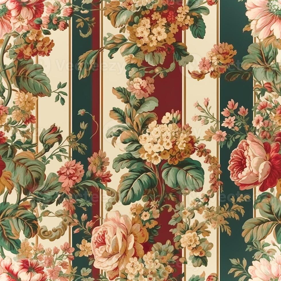 Seamless pattern with flowers, classic country cottage style floral and stripes for wallpaper, fabric and product design. photo