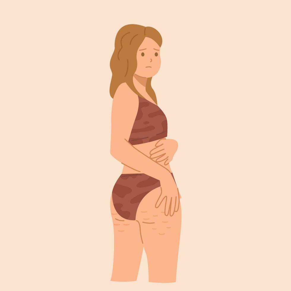 Young woman in underwear is upset because of cellulite on her buttocks. vector