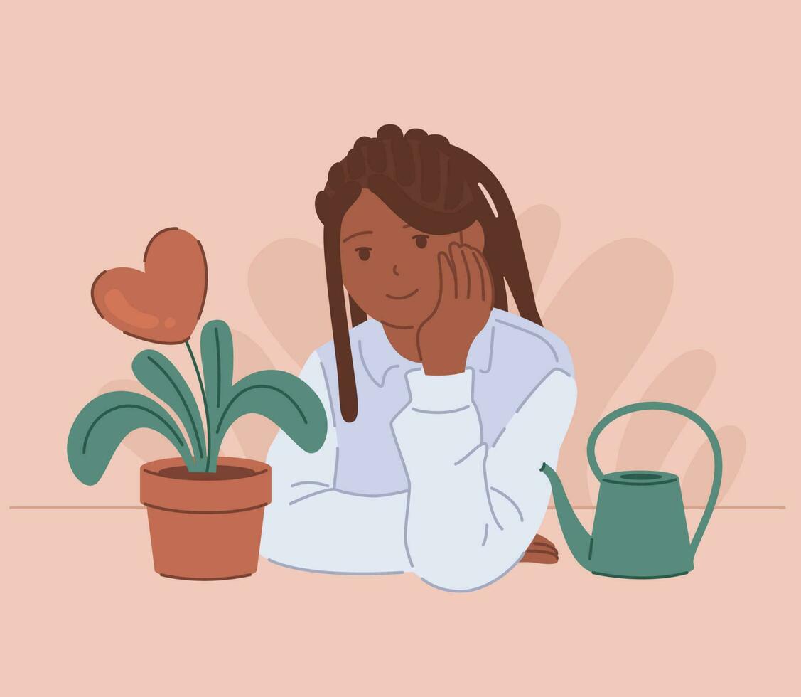 Black girl sits at a table with a houseplant in a pot and a watering can. Self love concept. vector