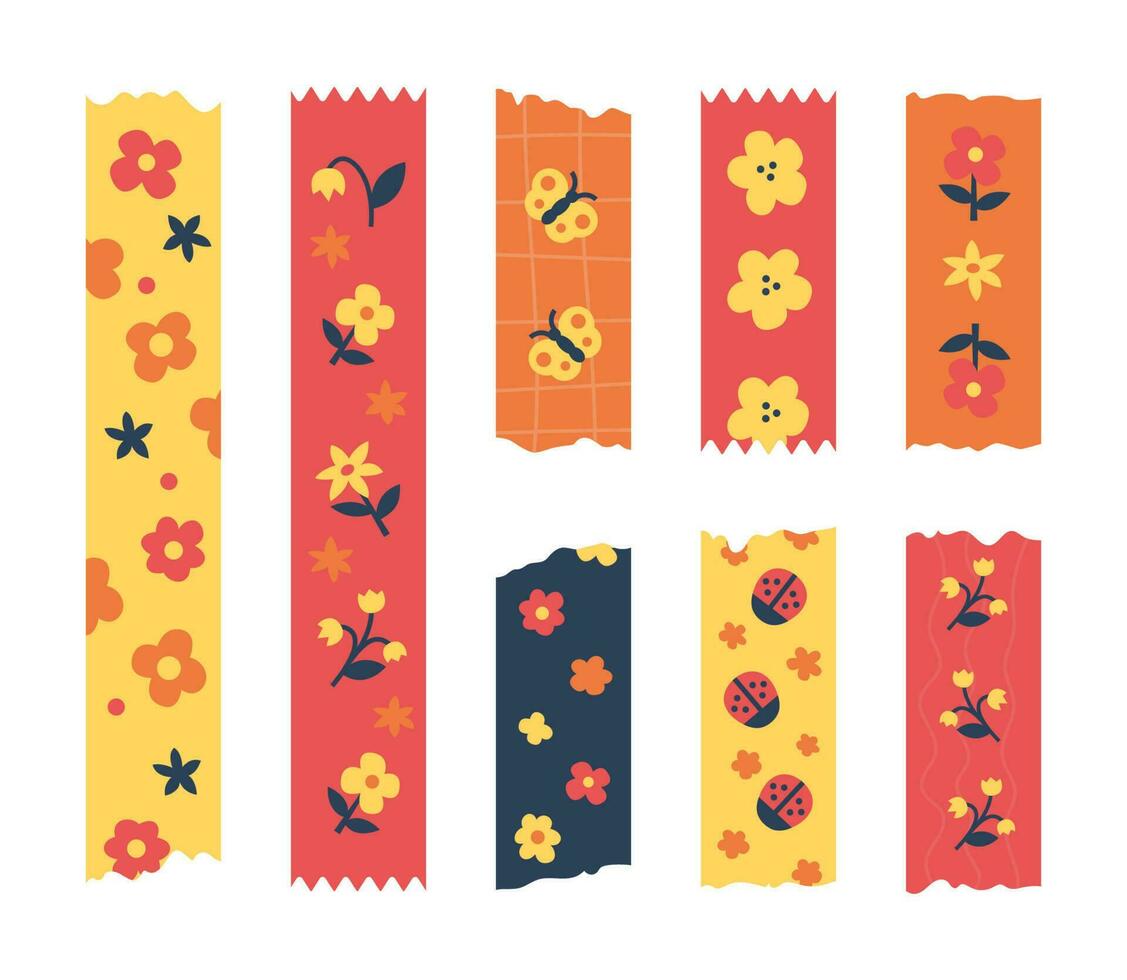 Set of colorful patterned washi tape strips and pieces of duct paper with floral ornament. vector