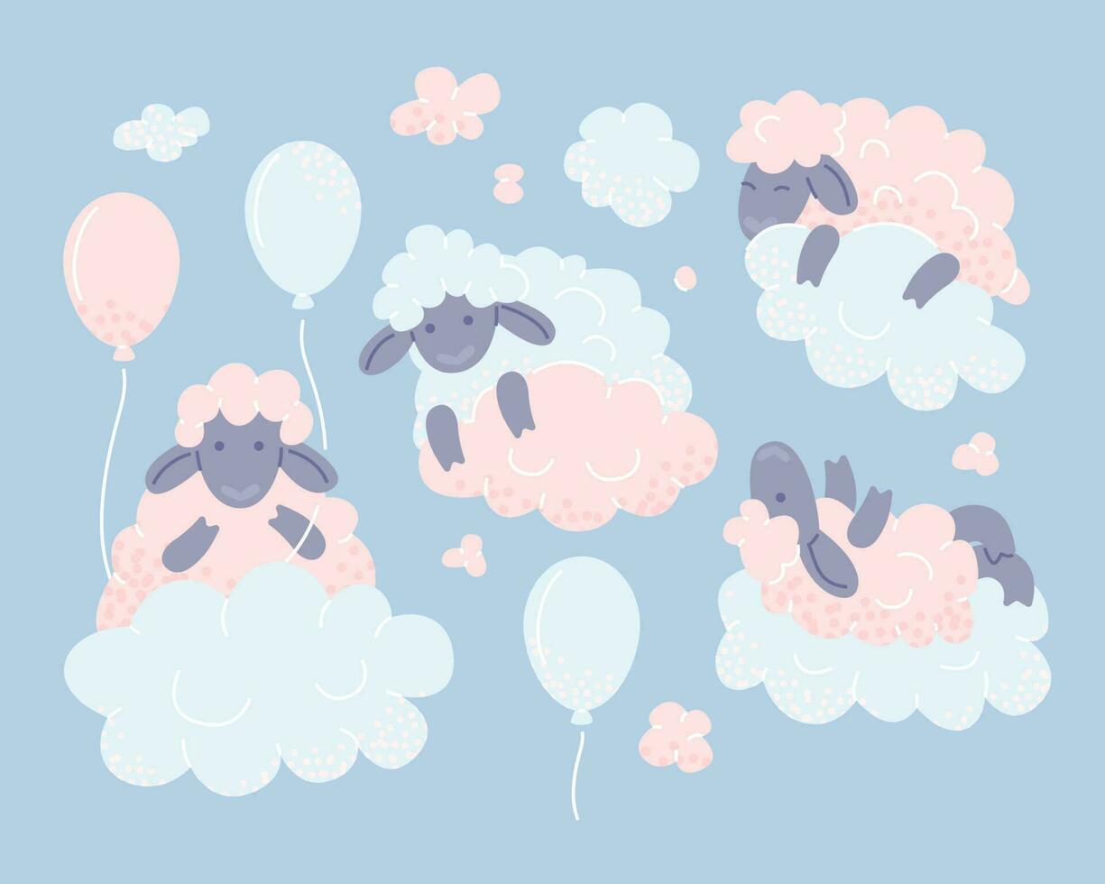 Cartoon cute lambs lying and sleeping on clouds vector