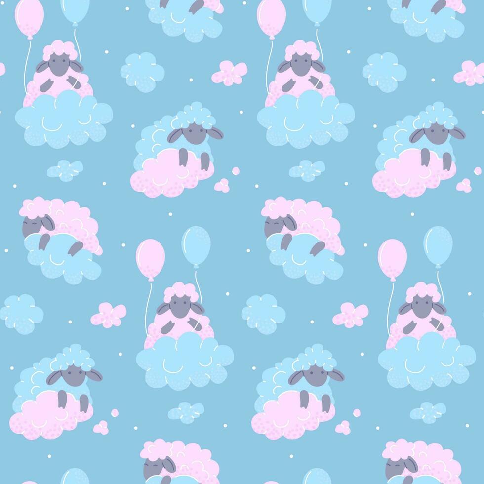 Seamless pattern with cute cartoon sheeps and clouds. vector