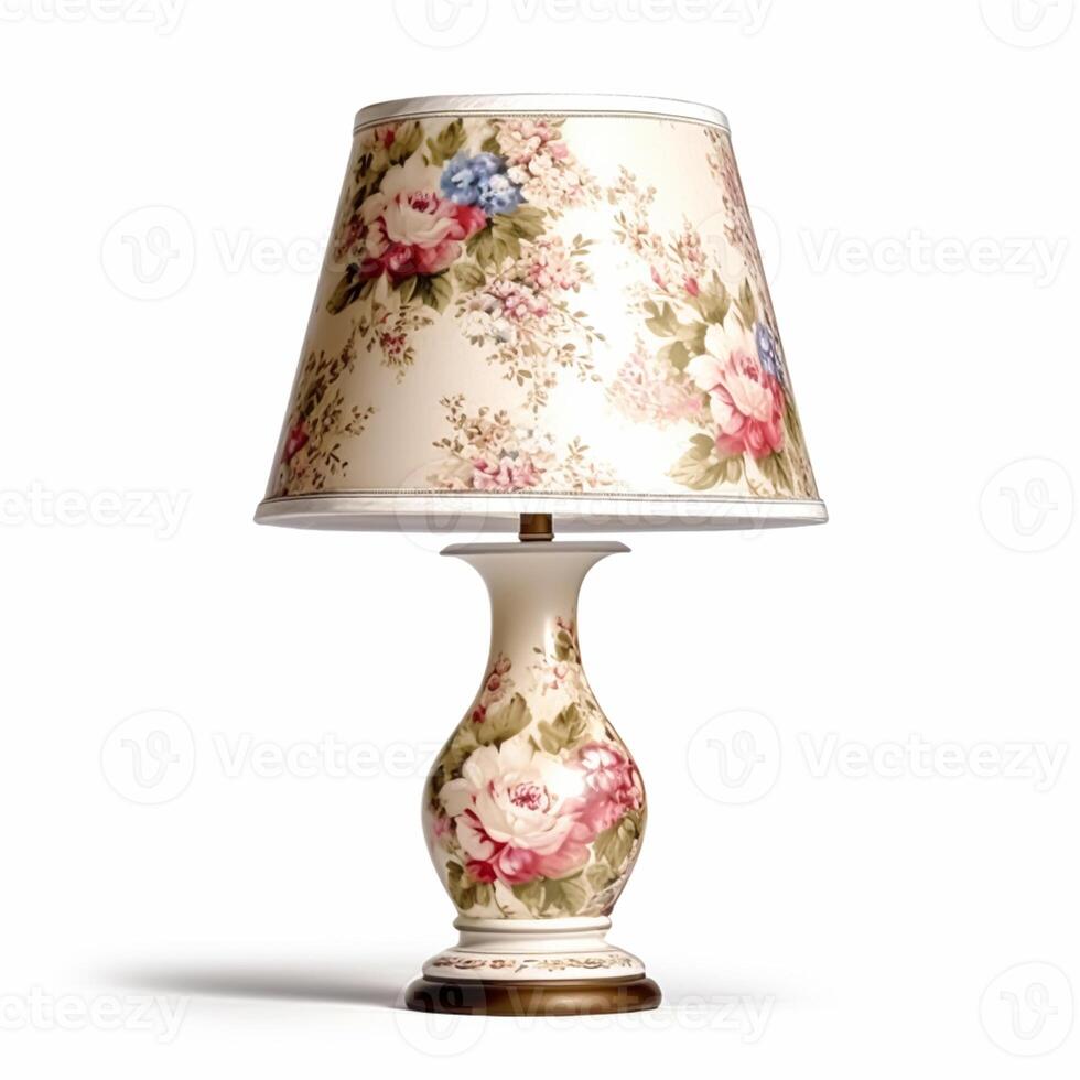 Vintage country style antique table lamp with a beautiful lampshade design isolated on white background, interior design and cottage home decor, post-processed, photo