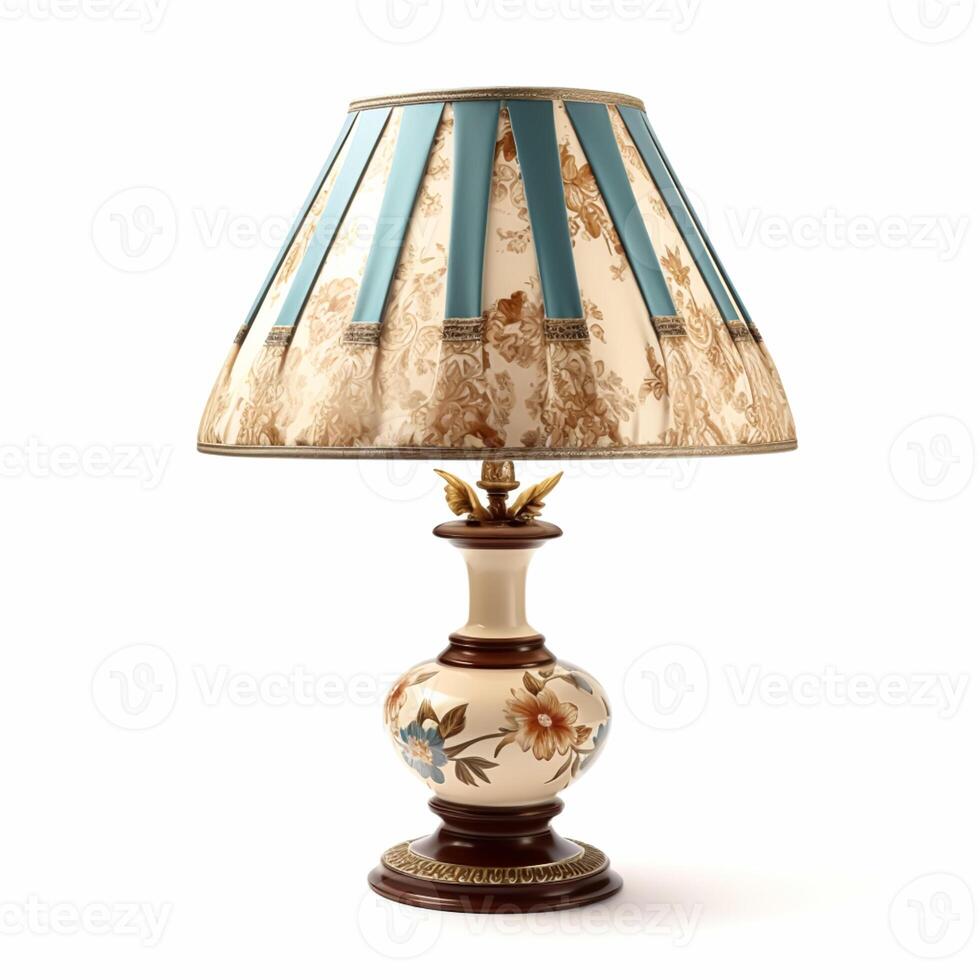Vintage country style antique table lamp with a beautiful lampshade design isolated on white background, interior design and cottage home decor, post-processed, photo