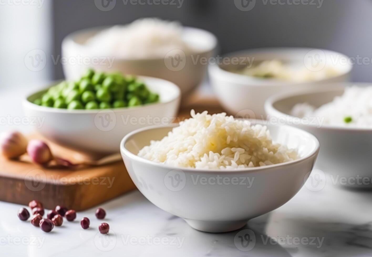 bowl of rice and peas for cooking pea risotto recipe, in the country cottage kitchen, photo