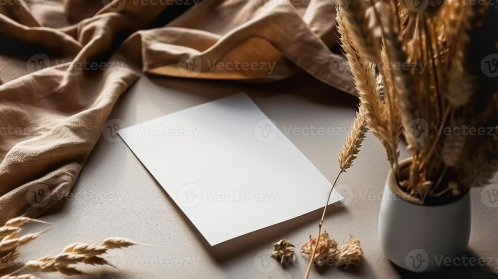 blank empty white paper card for mockup with vintage style plants, fabric and decor, minimalistic and rustic style, photo