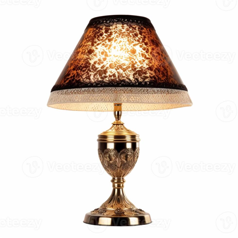 Vintage country style antique table lamp with a beautiful lampshade design isolated on white background, interior design and cottage home decor, post-processed, photo