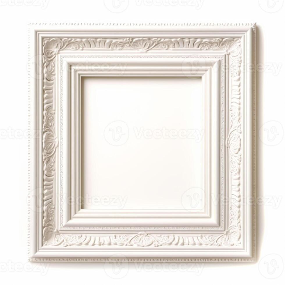 Empty vintage white wood square frame isolated on white background for wall art mockup, photo