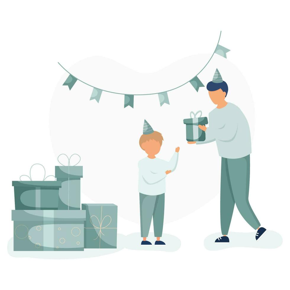 Dad gives his son gift box and boy taking present for celebrating birthday party, standing near presents.  Happy birthday concept. Childrens day vector