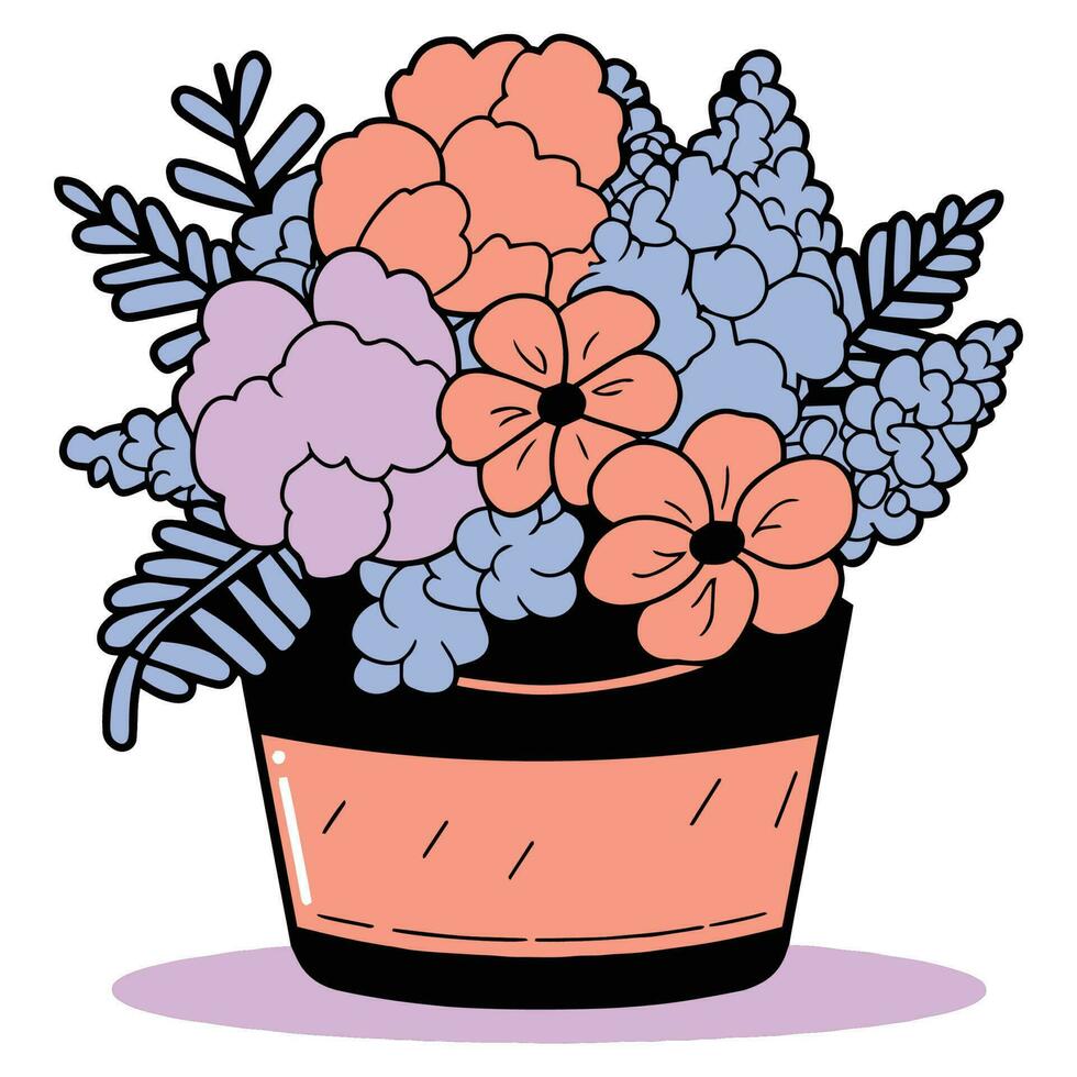 Hand Drawn bouquet of flowers in a pot in doodle style vector