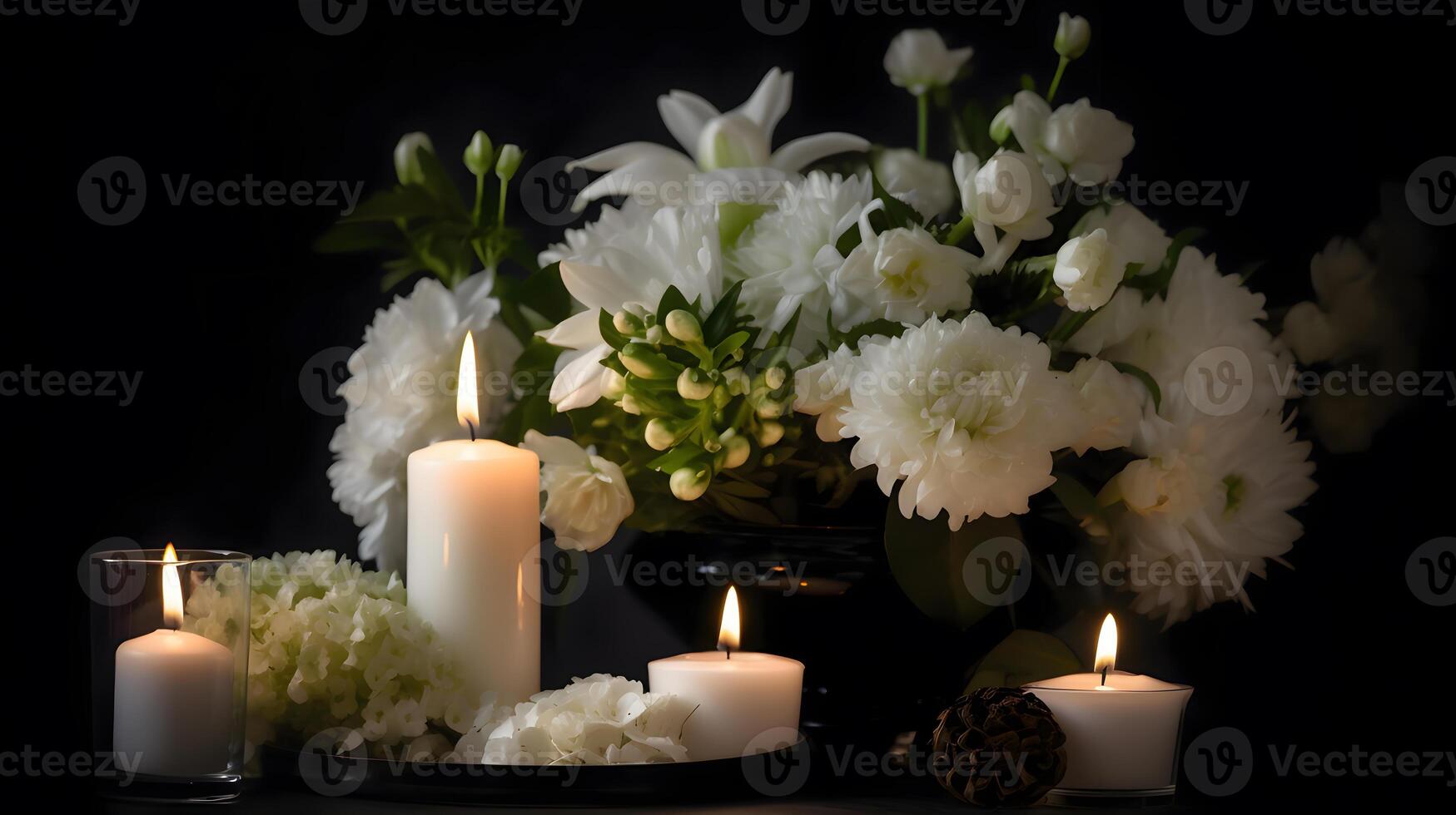 Burning candle and flower on dark background, created using Technology photo