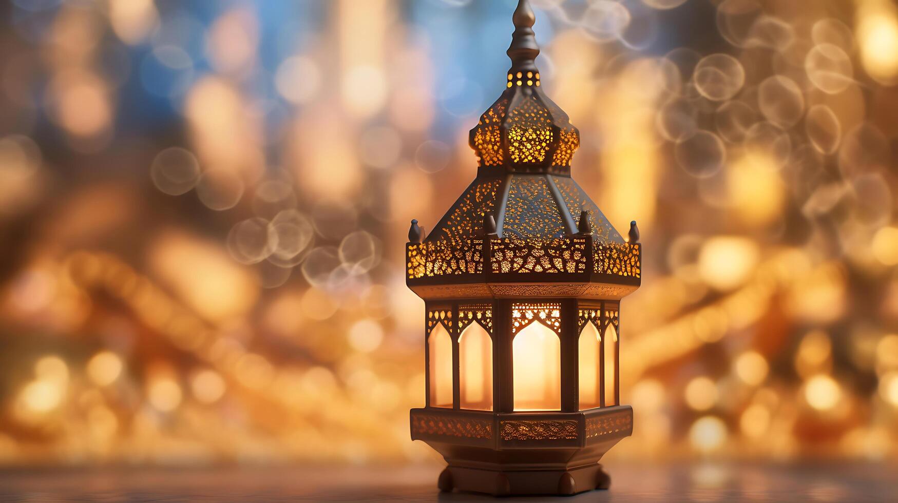 Ornamental Arabic lantern at night. Festive greeting card, invitation for Muslim holy month Ramadan Kareem, eid al adha, created using Technology photo