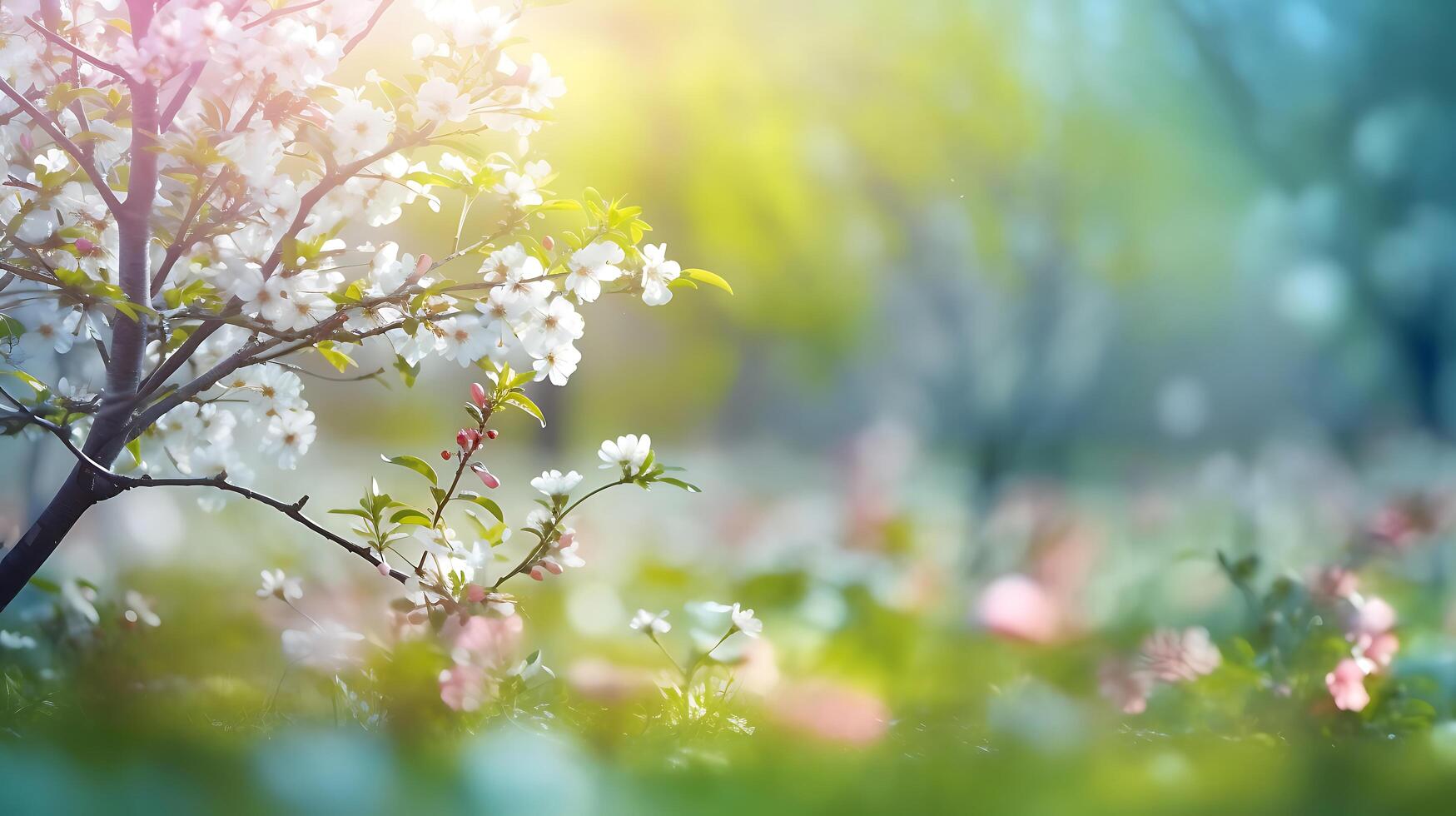 Blurred spring background nature with blooming glade, Technology photo