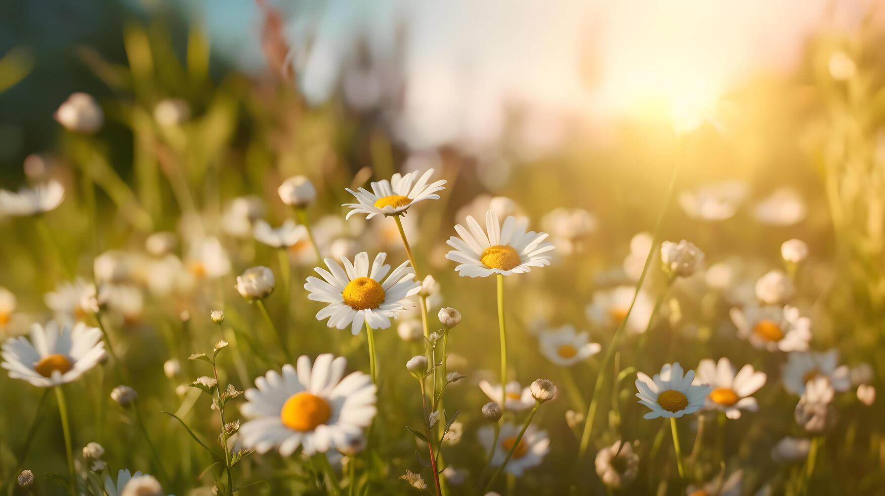 Chamomile flowers in meadow, Spring or summer nature concept with blooming daisy, Technology photo