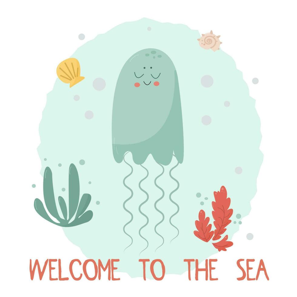 vector poster with funny jelly in the sea with shells