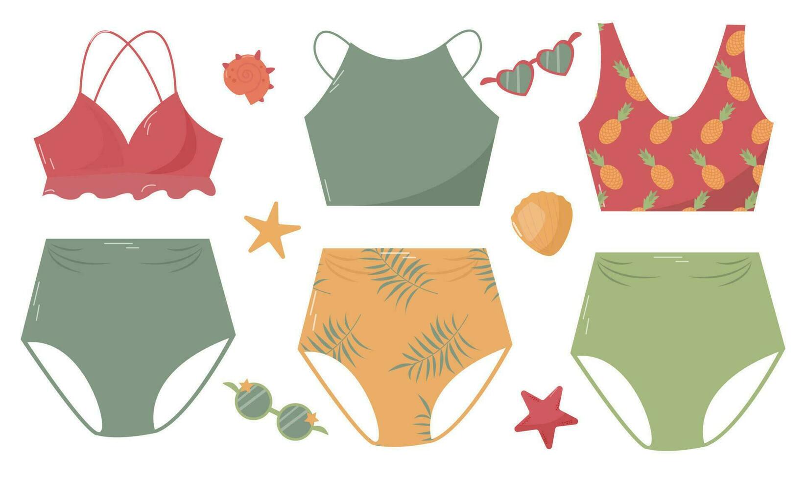 vector set with pretty color summer swimsuits with sunglasses, seastars and shells