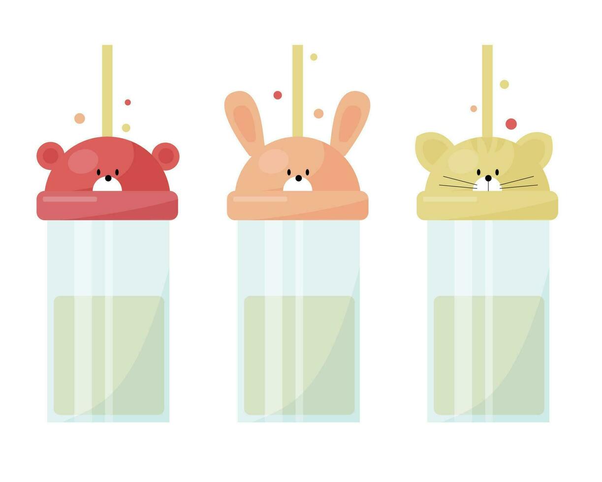 vector set with cute kids bottles for drinks with funny animal design - bear, bunny and cat