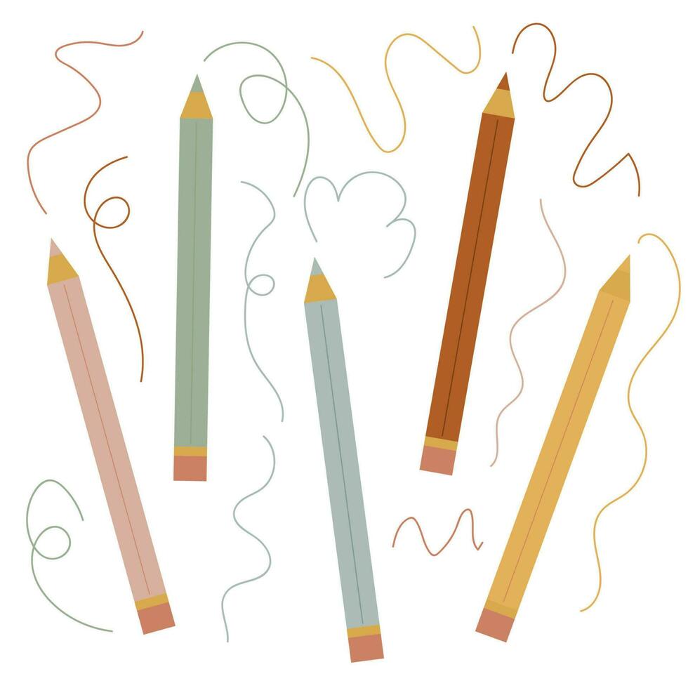 vector set with ciolor pencils and different lines and strokes